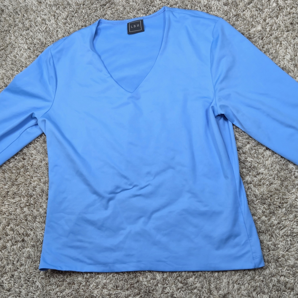 LBH Women Large Blue 3/4 Sleeve V-Neck Performance Golf Tennis Athletic Top